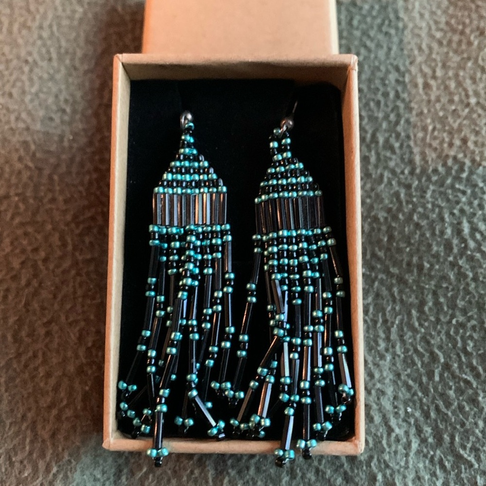 Handmade Native American beaded earrings.  Turquoise and black. Approx 3” long - Picture 1 of 4